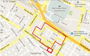 Figure 1. Google map showing the location of the Guste III project, the archaeological Area of Potential Effect (APE) is outlined in yellow and the standing structures APE in red. (2013)